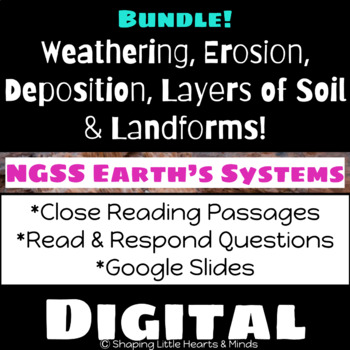 Preview of Weathering Erosion Deposition Landforms BUNDLE Reading Comp + Questions DIGITAL
