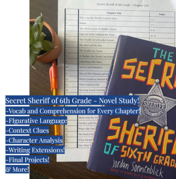 Preview of DIGITAL/EDITABLE - Secret Sheriff of 6th Grade - Comprehension/Vocab Novel Study