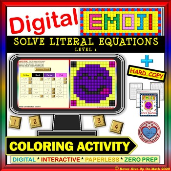 Preview of DIGITAL EMOJI - Solving Literal Equations (Level 1) DISTANCE LEARNING