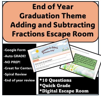 Preview of DIGITAL ESCAPE ROOM Graduation Party Adding and Subtracting Fractions