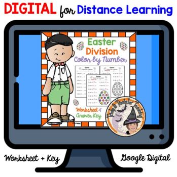 Preview of DIGITAL Easter Spring Math Division Color by Number Worksheet + Key FUN!