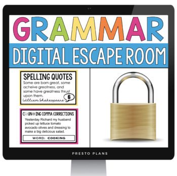 Preview of Grammar Digital Escape Room - Commas, Spelling, Homophones, Capitalization