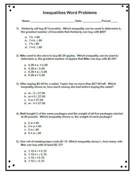 DIGITAL Inequalities Word Problems Worksheet With Answer KEY Multiple Choice