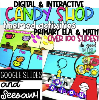 Preview of DIGITAL Candy Shop Stations BUNDLE - ELA & MATH REVIEW - Google Slides & Seesaw