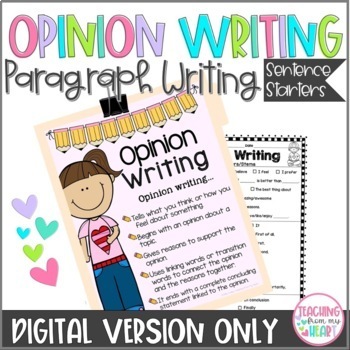 DIGITAL Opinion Writing Paragraph Sentence Starters Transitions ANY ...