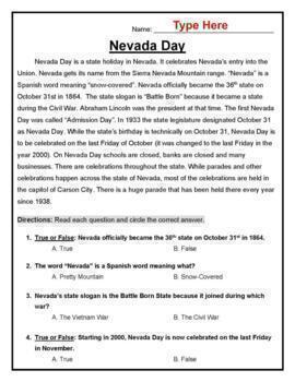 Preview of DIGITAL PASSAGE & QUIZ: Nevada Day for Grades 1-3