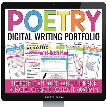 Preview of Poetry Writing Unit Haiku, Acrostic, Limerick, Concrete, and More - Digital