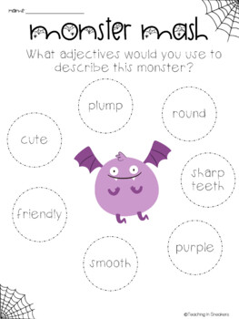 Preview of DIGITAL/PRINT Halloween Literacy | Adjectives, Nouns, Verbs | Monster Theme