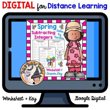 Preview of DIGITAL Spring Math Subtracting Integers Color by Number Worksheet KEY 6th 7th