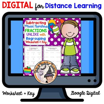 Preview of DIGITAL Subtracting Mixed Number Fractions with Regrouping Worksheet Answer KEY