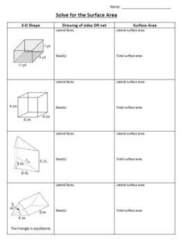 DIGITAL Surface Area Worksheet 3D shapes Nets Geometry 3-D Lateral