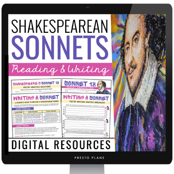 Preview of Shakespearean Sonnet Writing Analysis of Sonnet 18 Poetry Activities - Digital