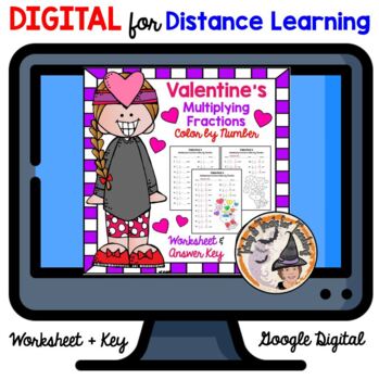 Preview of DIGITAL Valentines Math Multiplying Fractions Color by Number Worksheet + KEY