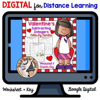 Preview of DIGITAL Valentines Math Subtracting Integers Color by Number + KEY 6th 7th