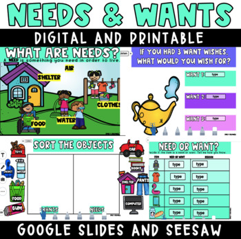 Preview of DIGITAL: Wants and Needs - Seesaw - Google Slides - Printables