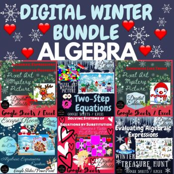 Preview of Valentine's Winter Christmas Math Bundle Algebra Equations Expressions EDITABLE