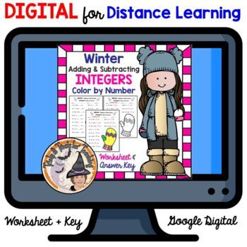 Preview of DIGITAL Winter Math Adding Subtracting Integers Color by Number Worksheet + KEY