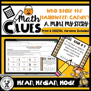 Preview of DIGITAL and PRINT Math Clues: Halloween Mean, Median, Mode, Range