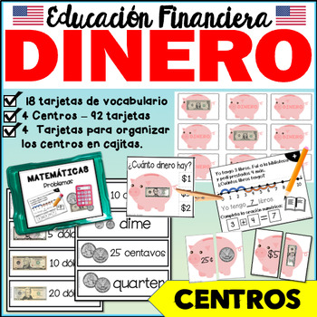 Preview of DINERO - MONEY Math Centers and Vocabulary Cards | Financial Literacy in Spanish
