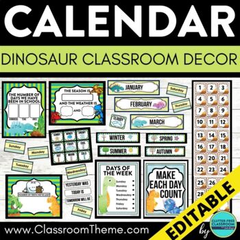 Preview of DINOSAUR Theme CLASSROOM CALENDAR SET numbers cards math bulletin board editable