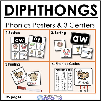 Preview of DIPHTHONG Posters and 3 Printable Phonics Centers - 1st Grade Phonics Activities