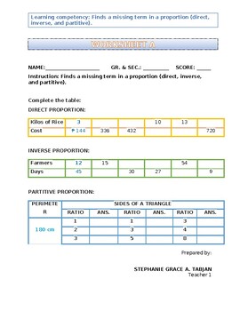 Preview of DIRECT, INVERSE AND PARTITIVE PROPORTION WORKSHEET