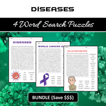 Preview of DISEASES 4 Word Search Puzzles  - NOPREP PRINTABLE ACTIVITIES WORKSHEET