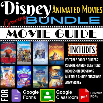Preview of DISNEY ANIMATED Movies Bundle Guides Worksheet Activities Google Forms Quizzes