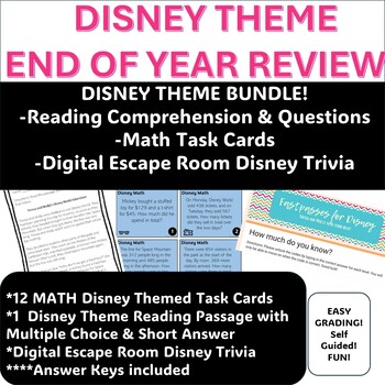 Preview of DISNEY THEME BUNDLE! MATH, READING & DIGITAL TRIVIA ESCAPE ROOM - END OF YEAR