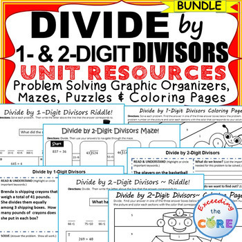 DIVIDE BY 1-DIGIT & 2-DIGIT DIVISORS  BUNDLE - Graphic Organizers & Puzzles