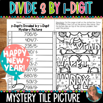Preview of DIVIDE 3 BY 1 DIGIT | NEW YEAR MYSTERY PICTURE TILES | 4.NBT.B.6