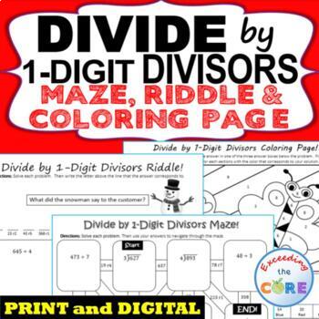 Preview of DIVIDE BY 1-DIGIT DIVISORS Maze, Riddle, Coloring Page | Print or Digital