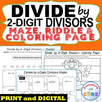 Preview of DIVIDE BY 2-DIGIT DIVISORS Maze, Riddle, Coloring Page | Google Classroom