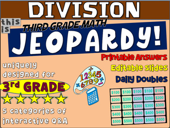 Preview of DIVISION PRACTICE - Third Grade MATH JEOPARDY! handouts & Game Slides