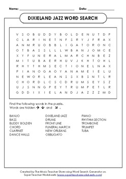 Preview of DIXIELAND JAZZ WORD SEARCH ONLINE,VIRTUAL