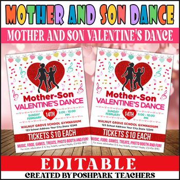 Preview of DIY Mother Son Valentine's Day Dance Flyer | PTO PTA Dance Invite Template