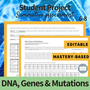 Preview of DNA, Genes and Mutations  - Student Assessment about Sickle Cell for MS-LS3-1