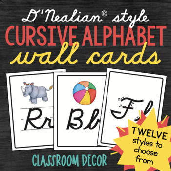 Preview of DNEALIAN style CURSIVE Alphabet Wall Cards Classroom Decor Back to School poster