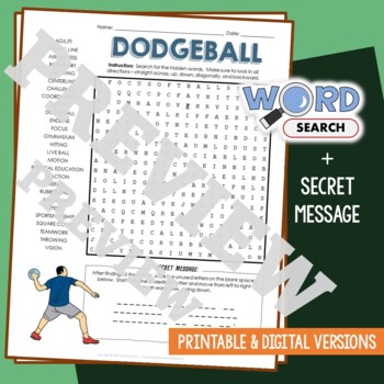 Preview of DODGEBALL Word Search Puzzle Activity Vocabulary Worksheet With Secret Message