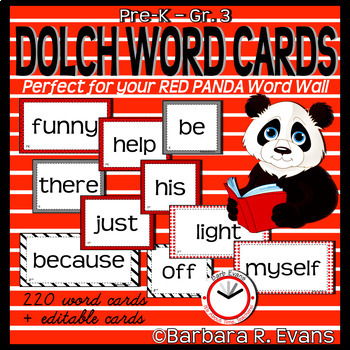 DOLCH WORDS PK - 3 WORD WALL CARDS Red Black Panda Theme Editable