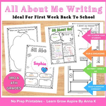All about me printable worksheets for back to school and leads to my Teachers Pay Teachers storefront. 