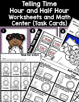 Preview of DOLLAR DEAL Telling Time Hour and Half Hour Worksheets and Task Cards Scoot