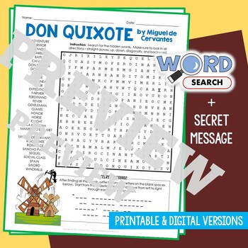 Preview of DON QUIXOTE Word Search Puzzle Novel, Book Review Activity Worksheet