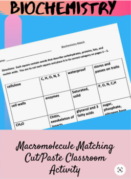 Preview of MATCHING ACTIVITY: Biochemistry/Macromolecule Descriptions