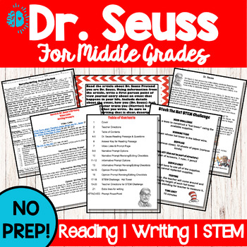 Preview of DR. SEUSS THEODOR GEISEL Read Across America Day Reading Writing STEM Activity