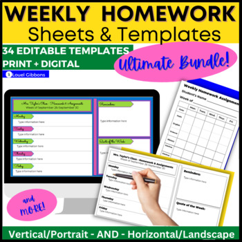 Preview of BUNDLE, Editable Weekly Homework Template Sheets, Google Slides, PPT, PDF