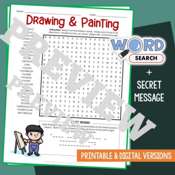 Preview of DRAWING & PAINTING Word Search Puzzle Activity Vocabulary Worksheet Secret Code