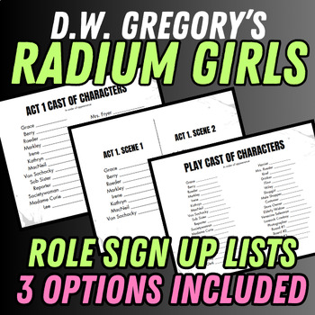 Preview of DW Gregory's Radium Girls Role Sign Up Lists (Printable; Projectable) 3 OPTIONS!