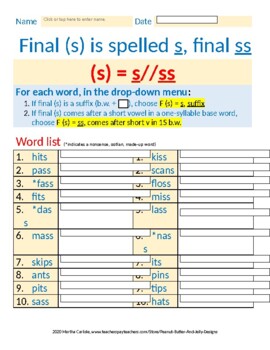 Preview of DYSLEXIA RESOURCES: F (s) is Spelled s or ss, CLICKABLE FORM, Word