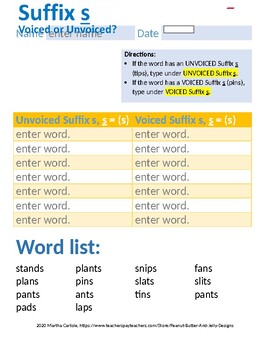 Preview of DYSLEXIA RESOURCES: Voiced or Unvoiced Suffix s, WORD Fillable Form